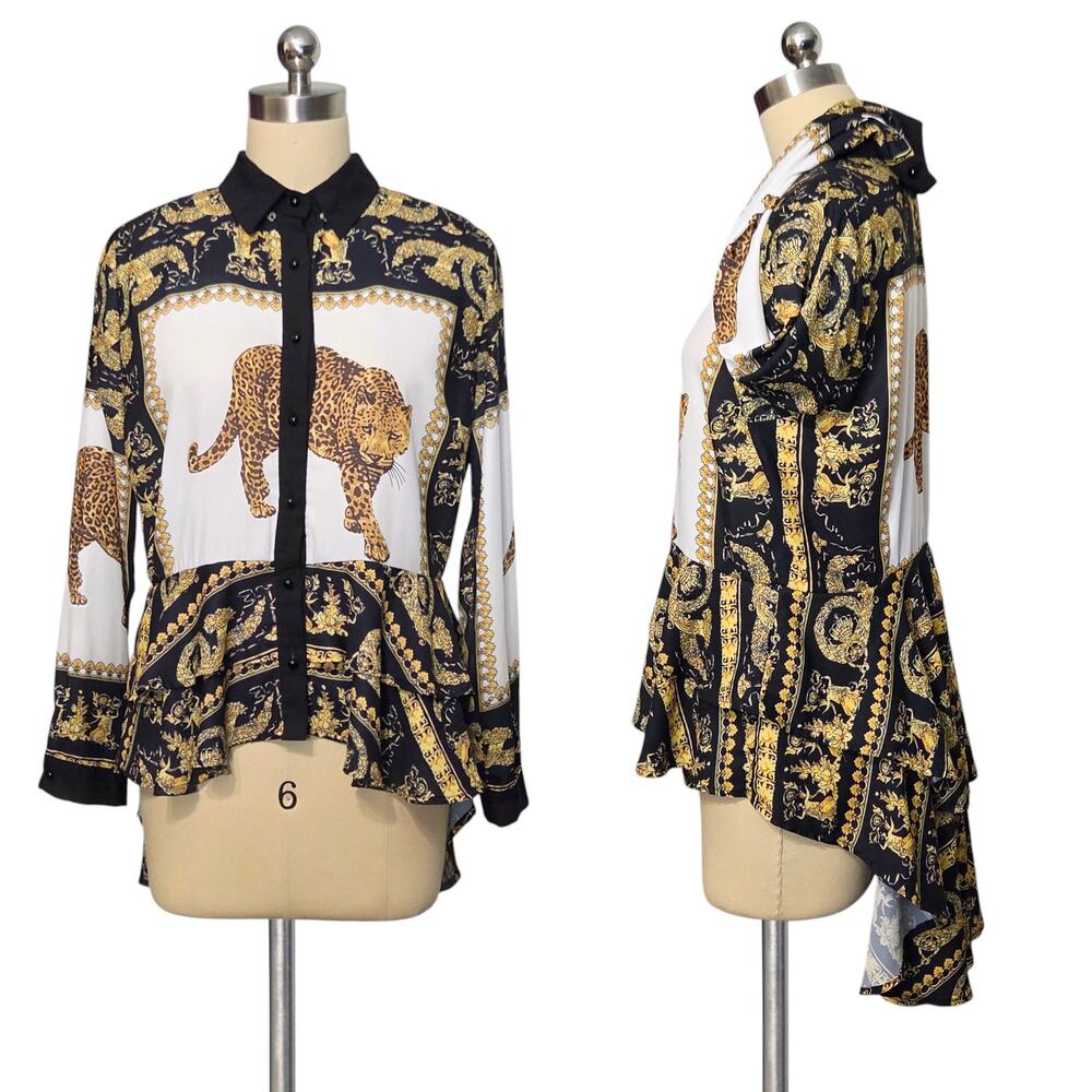 STATEMENT M2 MOCHA Apparel Hi Lo Cheetah Print Button Up Top Blouse  M L
